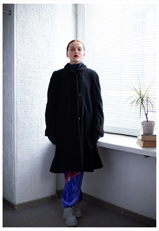 VINTAGE 70'S BLACK WOOL FAUX FUR TRIM COAT