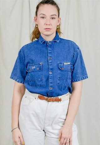SOCO DENIM SHIRT SHORT SLEEVE VINTAGE 80S BLUE L