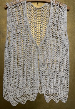 Vintage Cream Crochet Waistcoat Top w Fluted Hem Medium