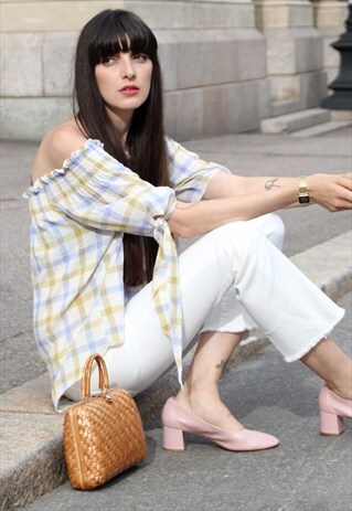 PASTEL PLAID OFF-THE-SHOULDER TOP