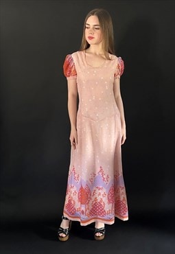 70's Vintage Ladies Light Peach Floral Maxi Midi Dress