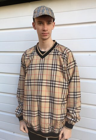 MENS BURBERRY JUMPER GOLF V NECK BEIGE NOVA CHECK SWEATSHIRT