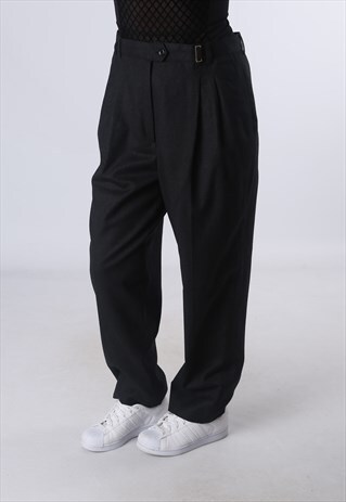 HIGH WAISTED TROUSERS PLAIN WIDE TAPERED LEG UK 14 (DW4M)