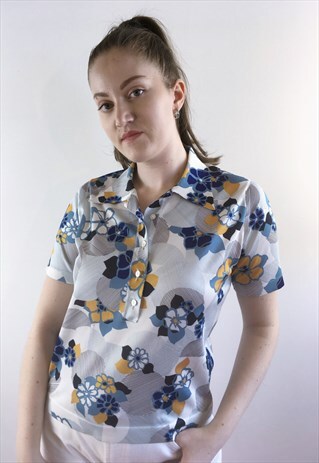 WOMENS VINTAGE 70S BLOUSE MULTI COLOURED FLORAL PATTERN TOP