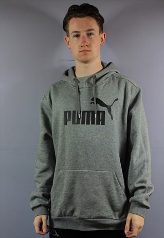VINTAGE PUMA HOODIE IN GREY WITH PRINTED LOGO AND POUCH POCK