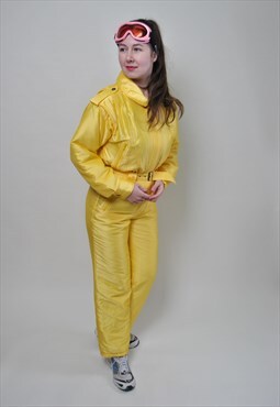 Yellow ski suit, vintage one piece snow suit women MEDIUM 