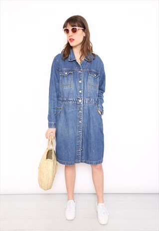 VINTAGE 90S BLUE DENIM LONG SLEEVE SHIRT DRESS