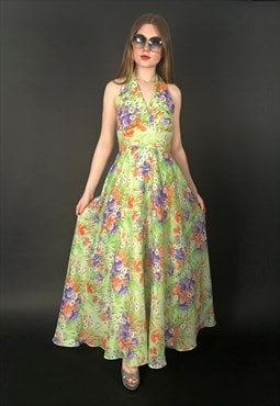 70's Vintage Green Floral Halter Neck Maxi Dress