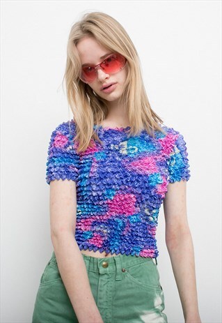 VINTAGE BRIGHT COLORFUL TIE DYE POPCORN TOP SHINY STRETCHY