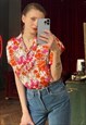 SILKY FLORAL BLOUSE, BUTTON UP SATIN SHORT SLEEVE BLOUSE