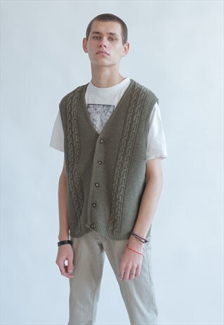 VINTAGE 80S DADS FINE KNIT VEST IN MOSS GREEN