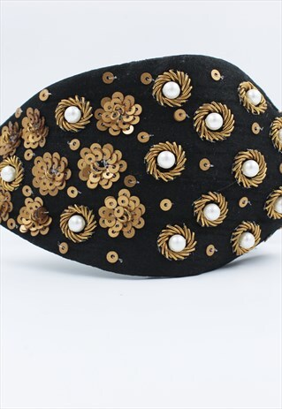 BLACK HEADBAND, HAND BEADED HEADBAND,GOLDEN SEQUINS HAIRHOOP