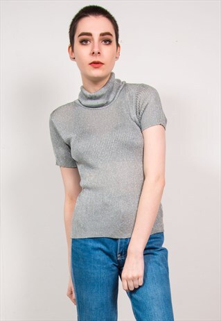 VINTAGE 90'S SILVER GLITTER KNIT RIBBED TURTLE NECK TOP