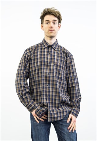 TOMMY HILFIGER VINTAGE 1990S BLUE AND BROWN CHECKED SHIRT