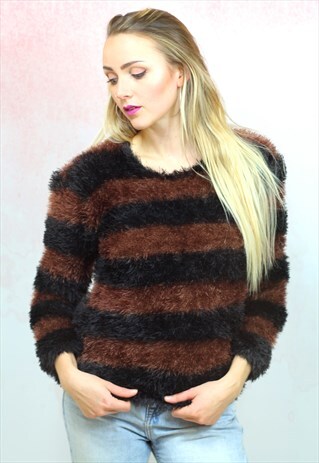 1990S VINTAGE BLACK AND BROWN STRIPED SOFT FLUFFY JUMPER
