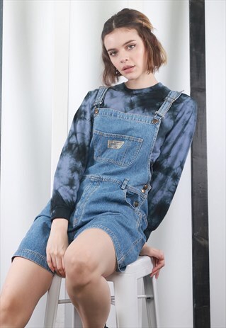 VINTAGE 90S LIGHT BLUE DENIM SHORT DUNGAREES. OVERALLS