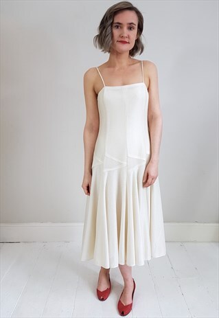 VINTAGE 70'S CREAM DROP WAIST STRAP WEDDING PROM DRESS