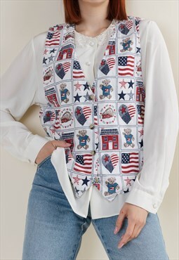 Vintage 80s Funky USA Flag Graphic Printed Cotton Vest M