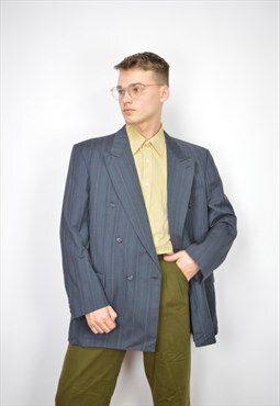 Vintage dark blue striped classic 80's wool suit blazer