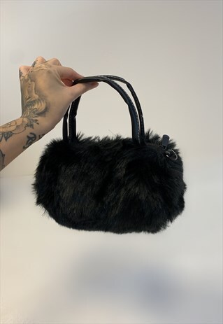 90S Y2K VINTAGE BLACK FAUX FUR MINI SHOULDER BAG