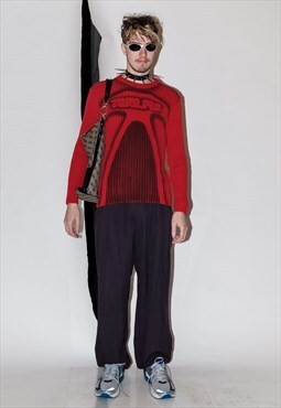 90's Vintage slim fit cool print ribbed knit jumper in red