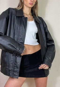 Vintage Y2K 00's Leather Bomber Jacket Biker Grunge Black