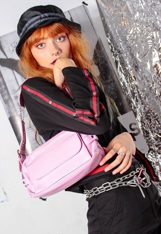 90S GRUNGE Y2K MINIMAL SILVER O-RING CHAIN PINK MINI BAG