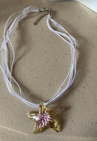PINK GLASS STARFISH PENDANT RIBBON NECKLACE