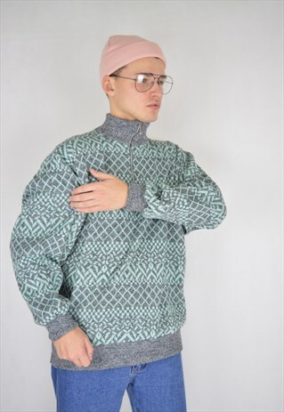 VINTAGE 80'S GREEN RETRO GRAPHIC KNITTED ZIP SWEATSHIRT