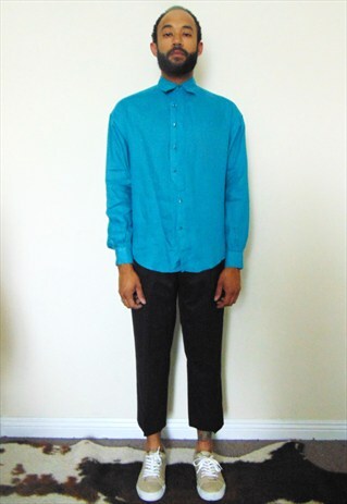 90S MINIMALIST ITALIAN LUXURY TURQUOISE LINEN SHIRT SMALL