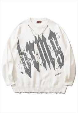Chain sweater graffiti Grunge knitwear top in white