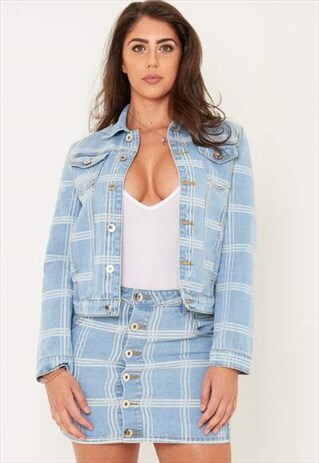 DELAWARE CROPPED DENIM JACKET IN CHECKERED PRINT