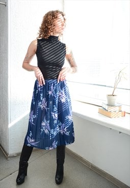 Vintage 80's Blue Pleated Midi Floral Print Skirt