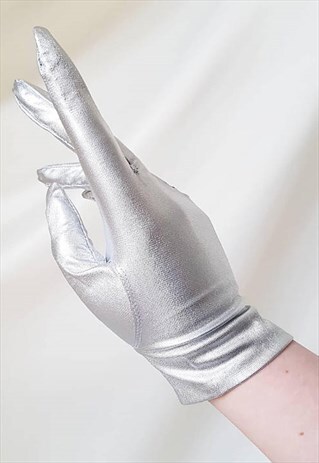 VINTAGE 60S METALLIC SILVER SHORT EVENING GLOVES / BRIDAL