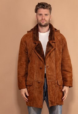 Vintage 80's Men Hooded Sheepskin Coat in Brown
