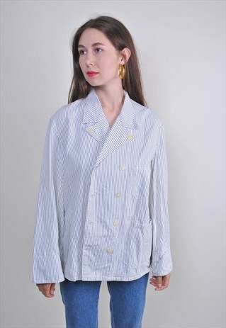 90S WHITE STRIPED WORKER BLAZER, SIZE L
