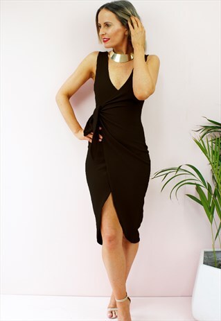 BLACK WRAP AROUND FRONT TIE BODYCON MIDI DRESS