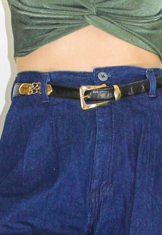 VINTAGE 80'S GOLD BUCKLE LEATHER CHAIN BELT