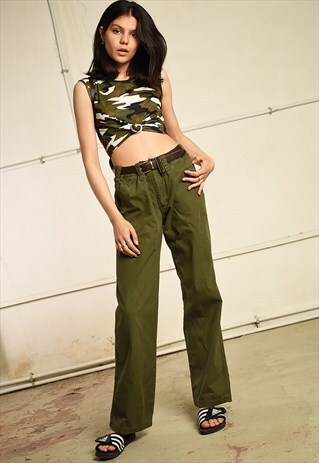 90'S RETRO KHAKI GREEN FESTIVAL DENIM-LIKE CARGO JEANS