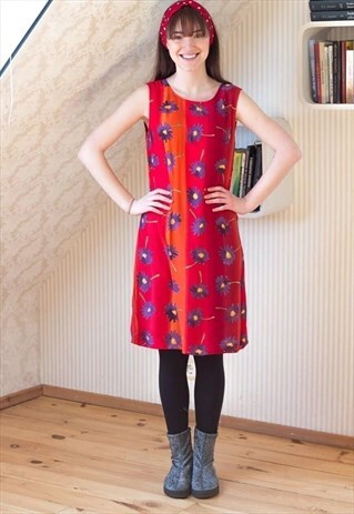 BRIGHT RED SLEEVELESS DRES WITH PURPLE FLOWERS