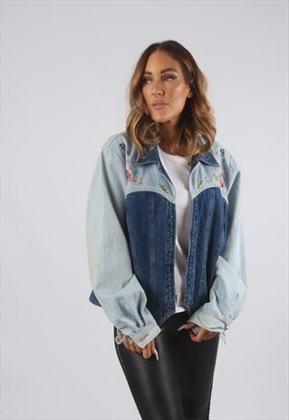 VINTAGE DENIM JACKET FLORAL WESTERN EMBROIDERED UK 14 (J9AY)