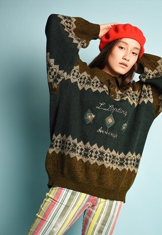 VINTAGE 80S RETRO ABSTRACT KNIT OVERSIZED DADS JUMPER