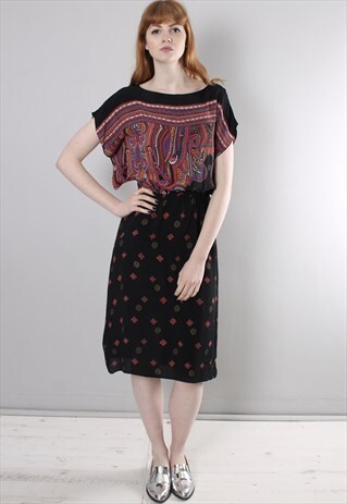 VINTAGE 90S BLACK PATTERNED SUMMER FESTIVAL MIDI DRESS
