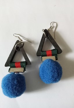 Blue pom pom wooden geometric dangle earrings