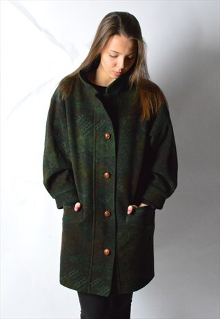 VINTAGE 80S KHAKI GREEN FLOWER PRINT WOOL COAT