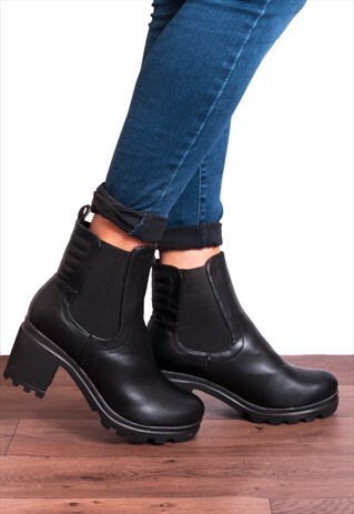 BLOCK HIGH HEELED FAUX LEATHER CHUNKY CHELSEA ANKLE BOOTS
