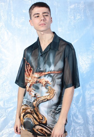 VINTAGE BLACK AND ORANGE PHOENIX AND SNAKE FIGHT SHIRT