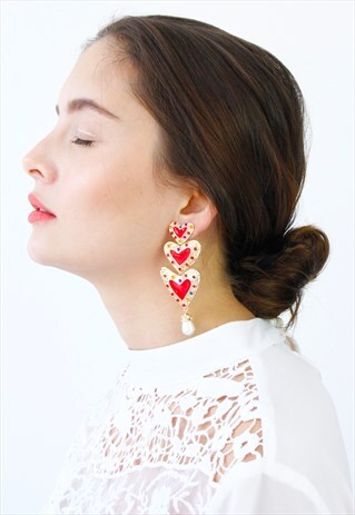 RED MULTI COLOUR DIAMANTE PEARL DROP DANGLE EARRINGS