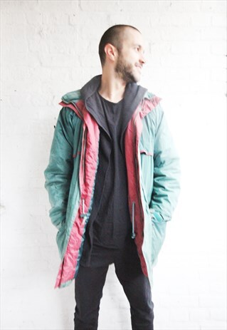 VINTAGE 90'S MENS WINTER COAT IN TEAL WITH RED LINING