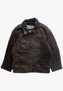 Vintage 90s Men's Redskins Brown Leather Pilot Jacket
